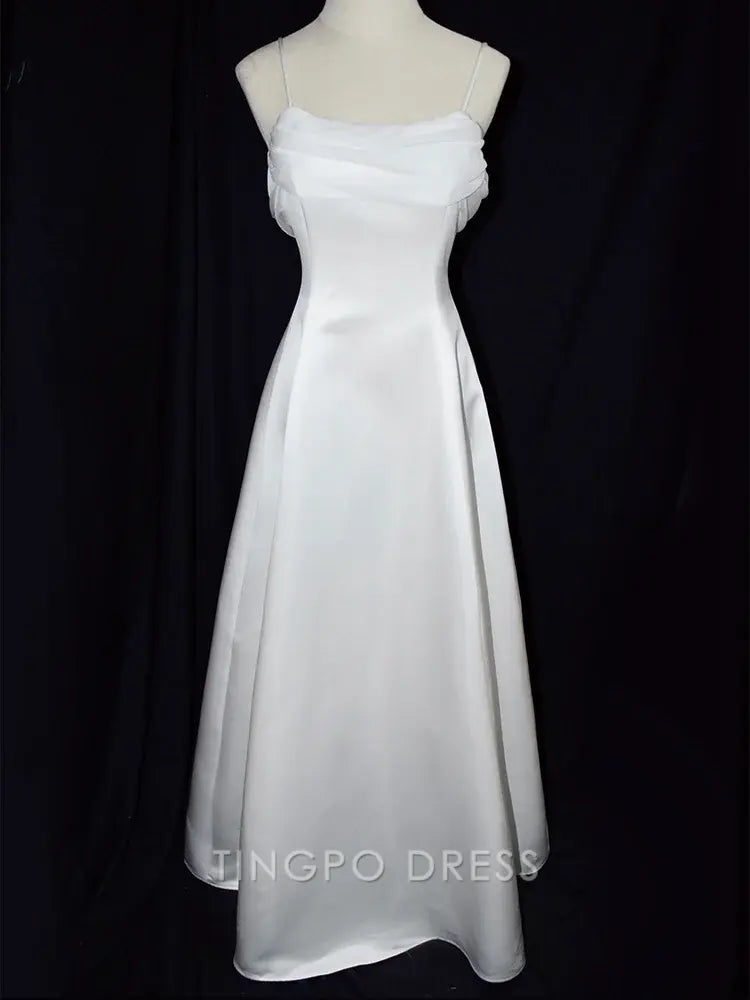 TingPo Wholesale Elegant Vintage White Satin Spaghetti Straps Gown Wedding Dress
